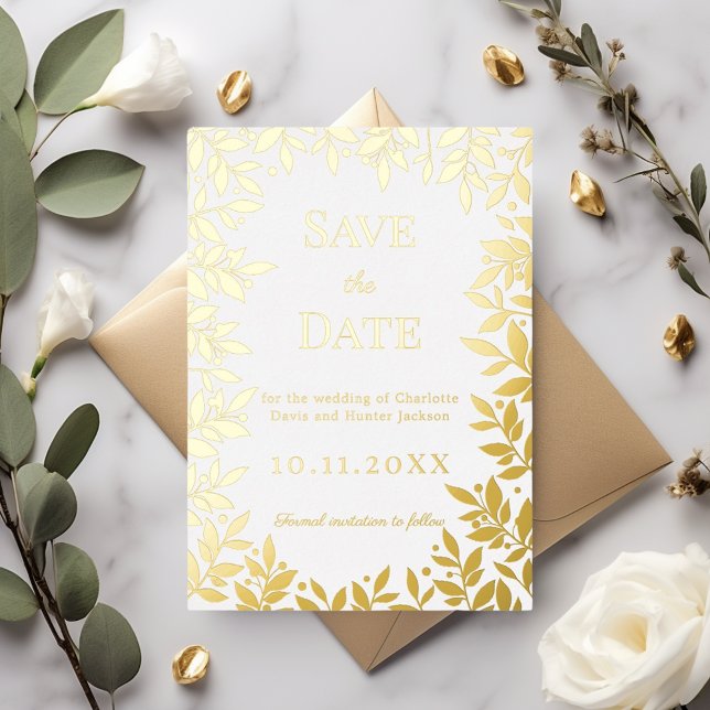 Carte de rappel de mariage en or blanc avec feuill (Créateur téléchargé)