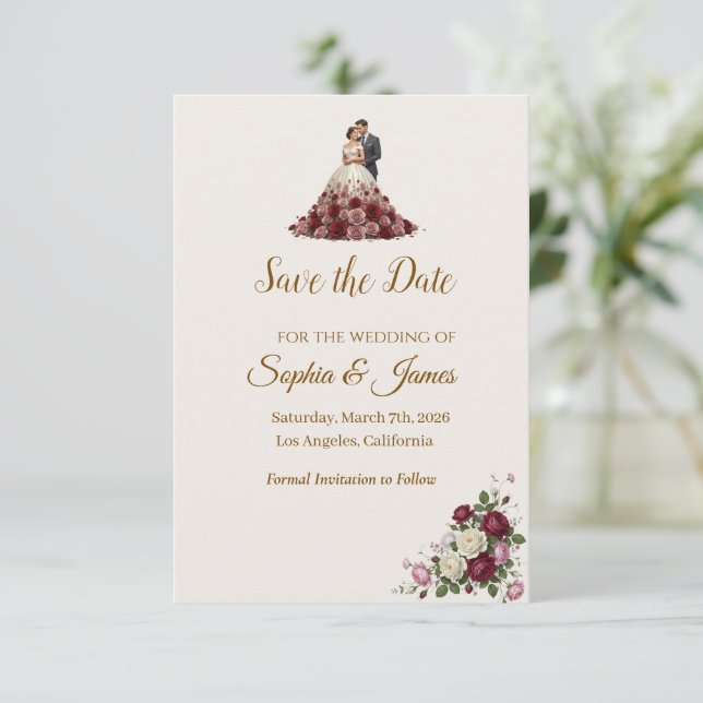 Carte de rappel de mariage Floral Bourgogne Modern (Debout devant)