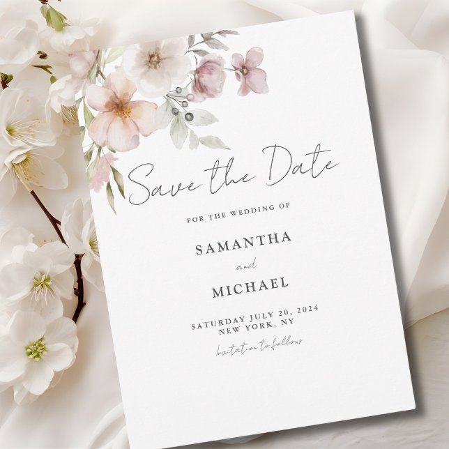 Carte de rappel de mariage floral rose Save The Da (Créateur téléchargé)