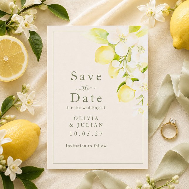 Carte de rappel de mariage Jardin de fleurs de cit (Lemon Blossom Ivory Garden Save the Date Card)