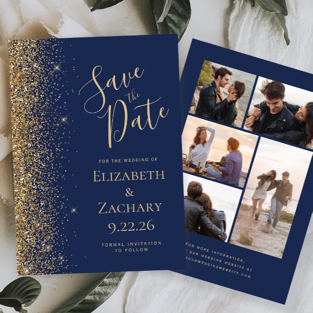 Carte de rappel de mariage Navy Blue Gold Glitter  (Créateur téléchargé)