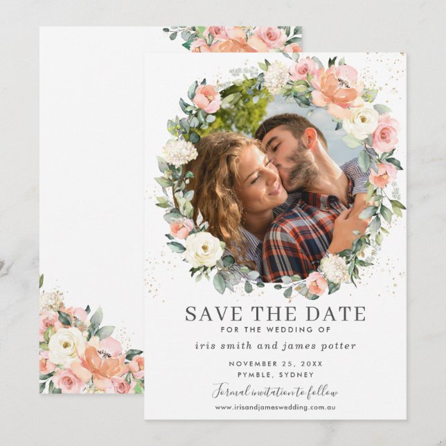 Carte de rappel photo florale rose ivoire pêche à  (Devant / Derrière)