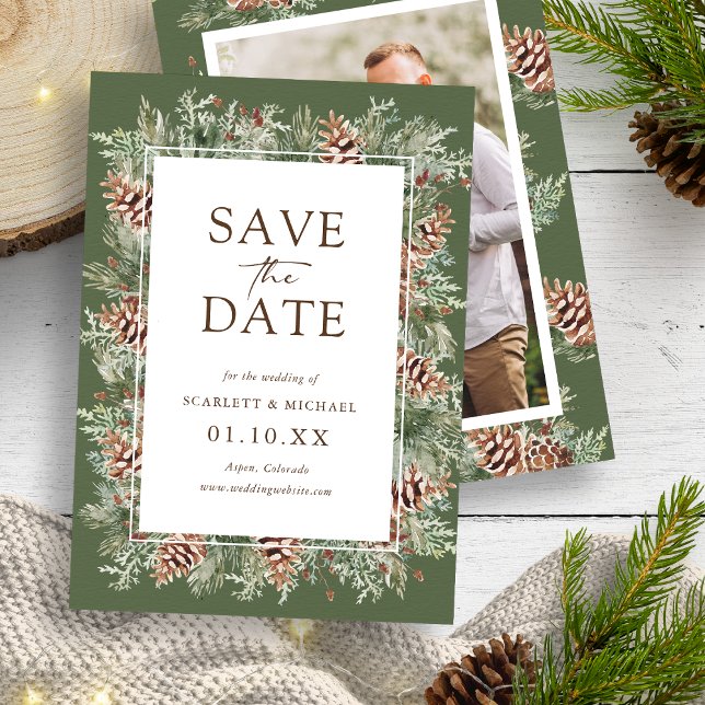Carte de rappel Photo Green Save The Date (Photo Hunter Green Watercolor Pine 
Evergreen Save The Date Card by Painted Paperie
)