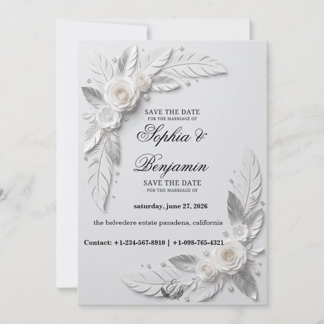 Carte de rappel 'Plume d'argent et fleur de perle' (Devant)