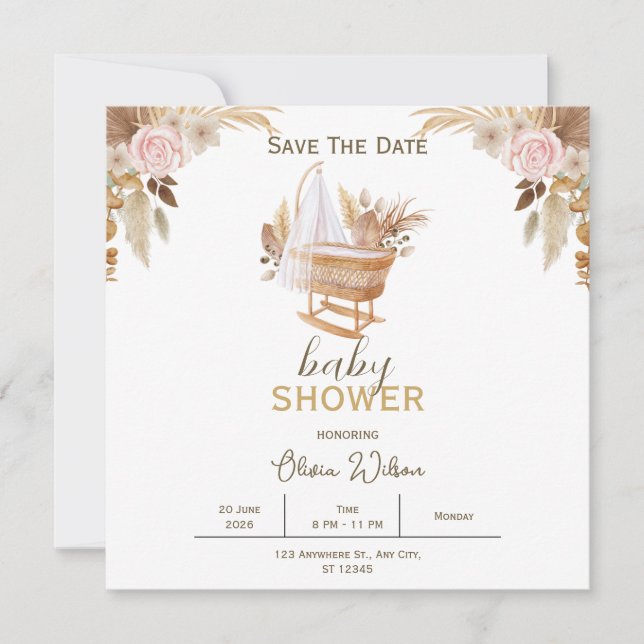 Carte de rappel pour baby shower à fleurs blanches (Devant)