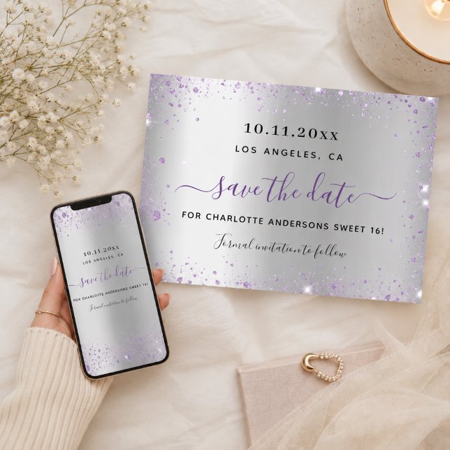 Carte de rappel pour un Sweet 16 argent lavande (Créateur téléchargé)