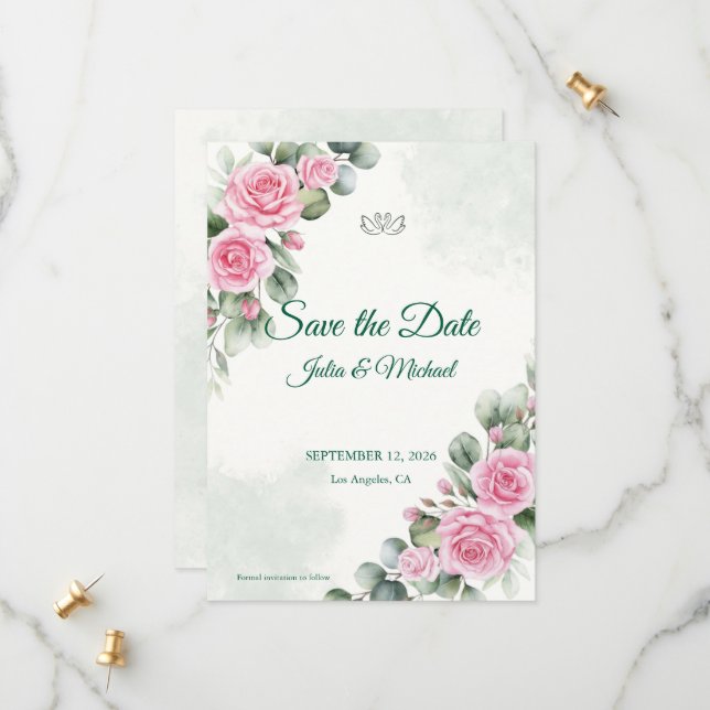 Carte de rappel Rose rose et Eucalyptus Sage (Devant/Arrière en situation)