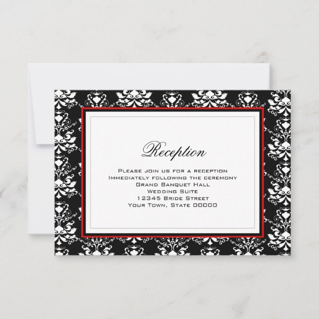Carte de réception à accent rouge et damas noir et (Devant)