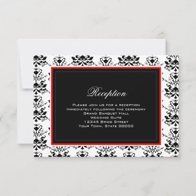 Carte de réception à accent rouge et damas noir et (Devant)