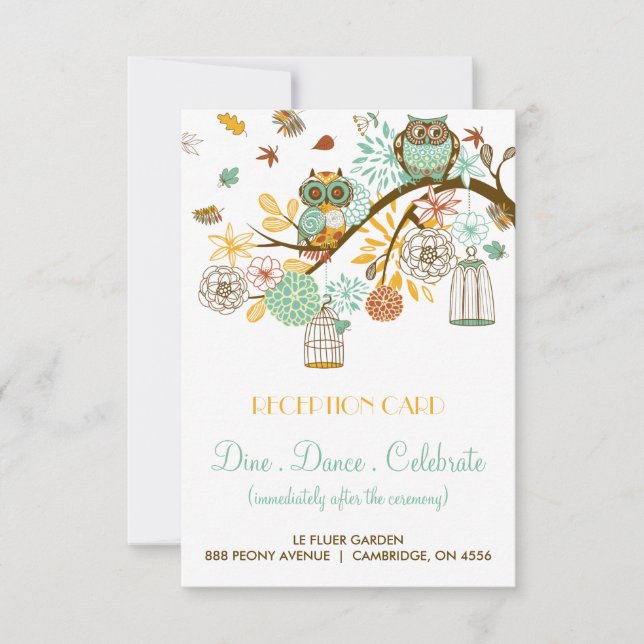 Carte de réception de mariage automnal avec hiboux (Devant)