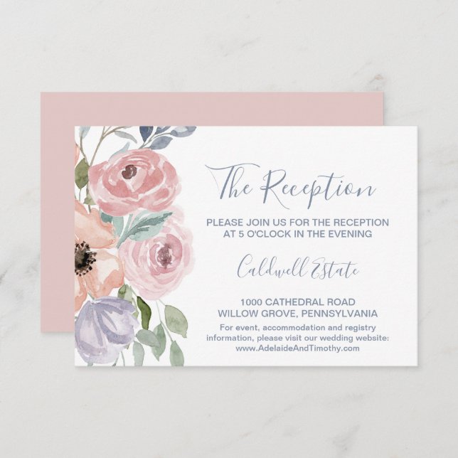 Carte de réception de mariage aux florales rose po (Devant / Derrière)