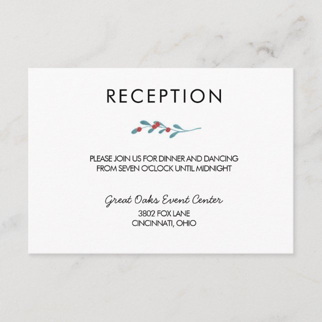 Carte de réception de mariage d'hiver avec houx et (Devant)