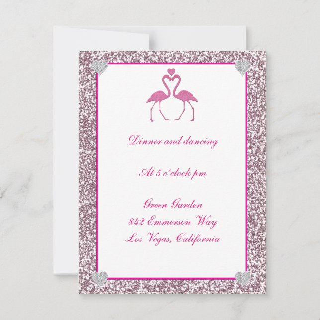 Carte de réception de mariage flamant rose à paill (Devant)