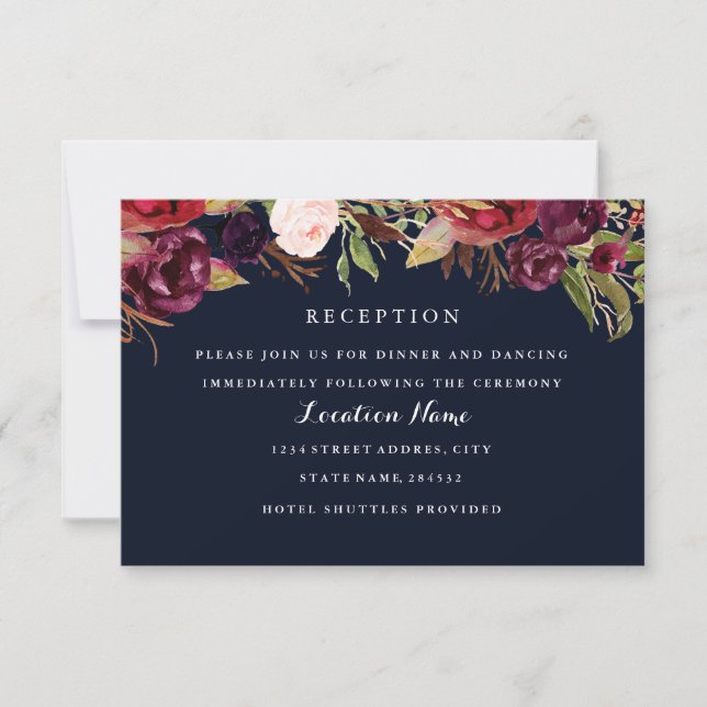 Carte de réception de mariage floral Bourgogne Nav (Devant)