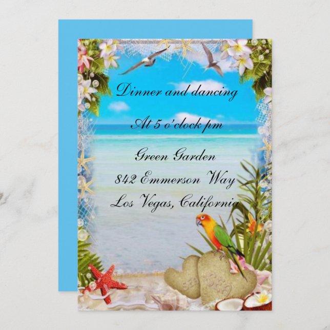 Carte de réception de mariage floral de plage trop (Devant / Derrière)
