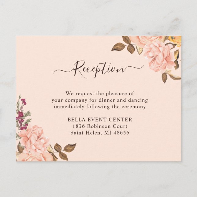 Carte de réception de mariage floral or rose (Devant)