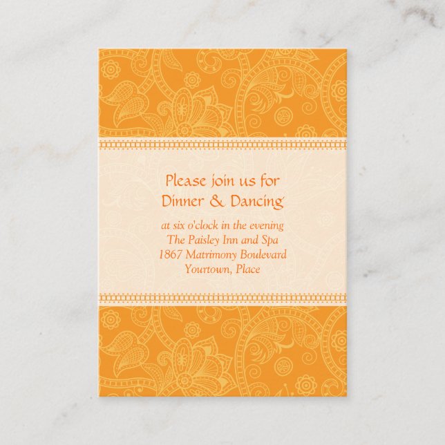 Carte de réception de mariage Paisley Orange (Devant)