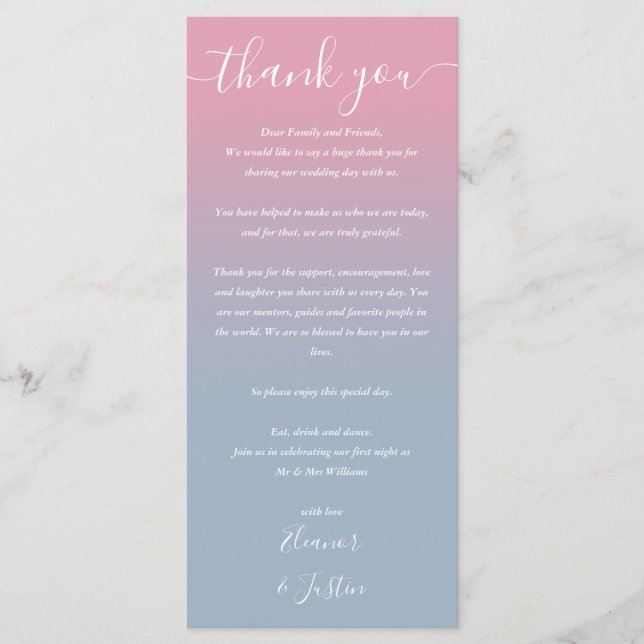 Carte de réception de mariage rose et bleu ombré (Devant)