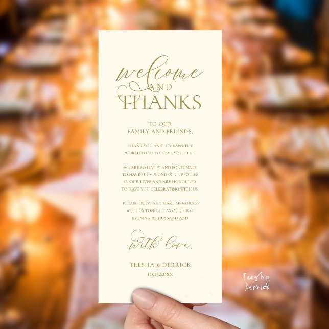 Carte de réception élégante "Bienvenue et Merci" ("Welcome and Thanks" Classy Wedding Romantic Reception Guest Card in yellow gold)
