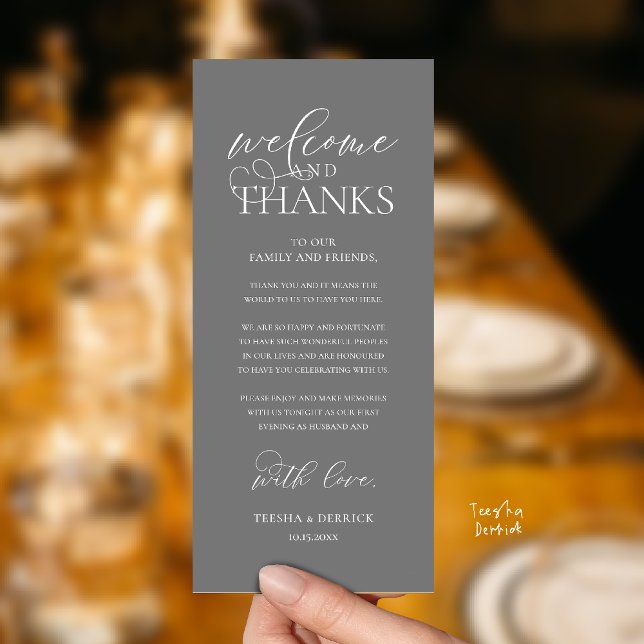 Carte de réception élégante "Bienvenue et Merci" ("Welcome and Thanks" Classy Wedding Romantic Reception Guest Card in dark grey)