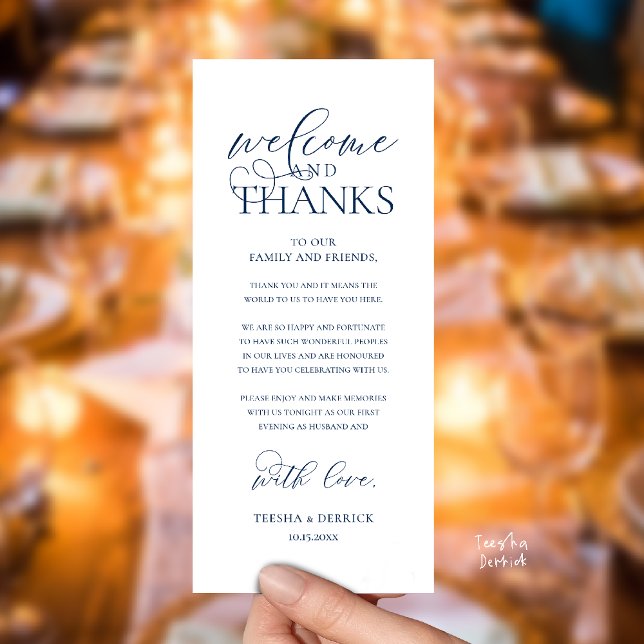 Carte de réception élégante "Bienvenue et Merci" ("Welcome and Thanks" Classy Wedding Romantic Reception Guest Card in navy blue)