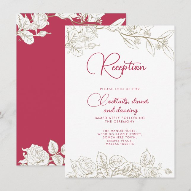 Carte de réception Floral Magenta Rose Gold Weddin (Devant / Derrière)