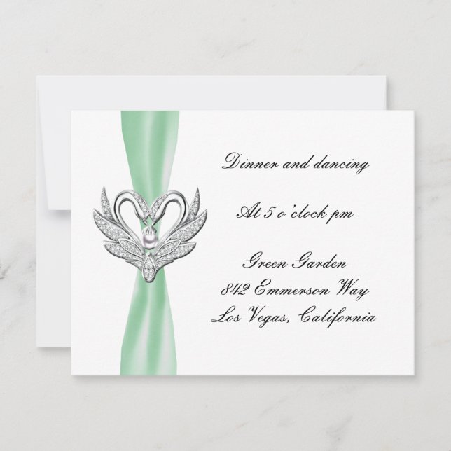 Carte de réception Green Ribbon Silver Swans (Devant)