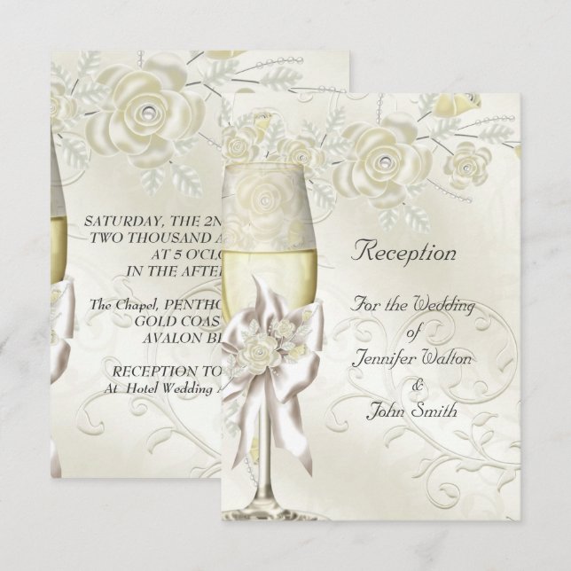 Carte de Réception Mariage Or Crème Perle Floral (Devant / Derrière)