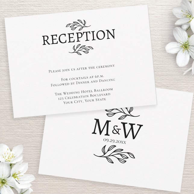 Carte de réception mariage pour deux monogrammes I (Wedding reception enclosure card with couple monogram initials and botanical leaf line art)