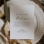 Carte de réception Merci moderne<br><div class="desc">Ce script moderne grâce à la carte de réception est parfait pour un mariage minimaliste. Le design simple en noir et blanc présente une typographie industrielle unique avec style boho moderne. Personnalisable dans n'importe quelle couleur. Gardez le design minimal et élégant, en l'état, ou personnalisez-le en ajoutant vos propres graphiques...</div>