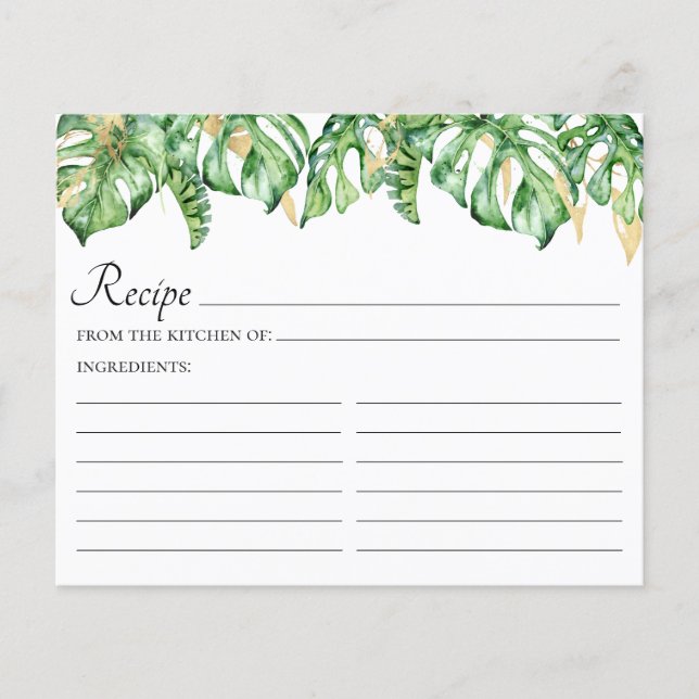 Carte de recette à l'aquarelle de feuilles tropica (Devant)