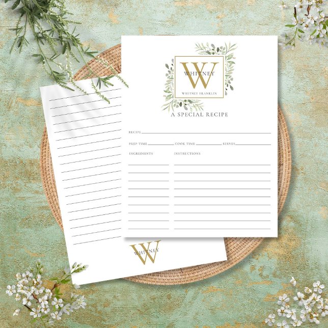 Carte de recette à monogramme doré avec verdure à  (Watercolor Greenery Gold Monogram Recipe Card)