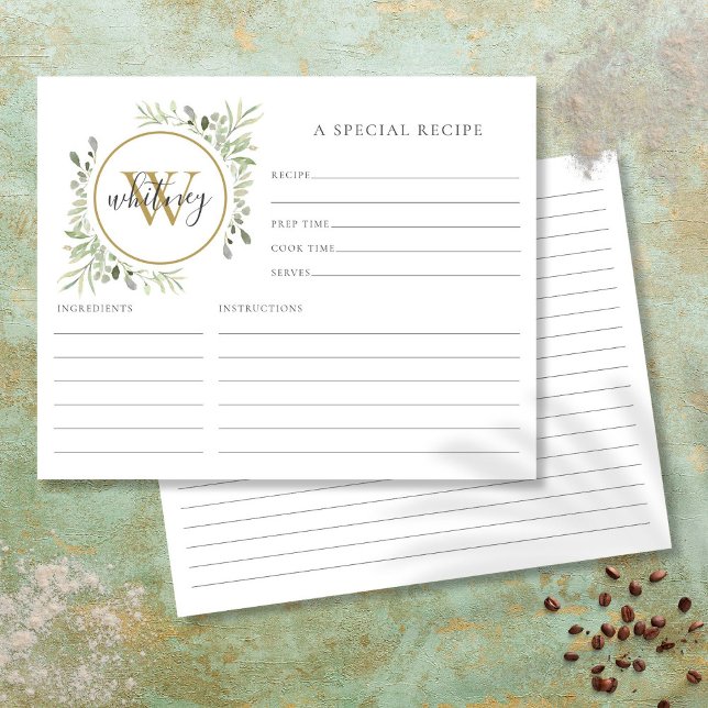 Carte de recette à monogramme doré en écriture élé (Elegant Script Gold Monogram Greenery Recipe Card)