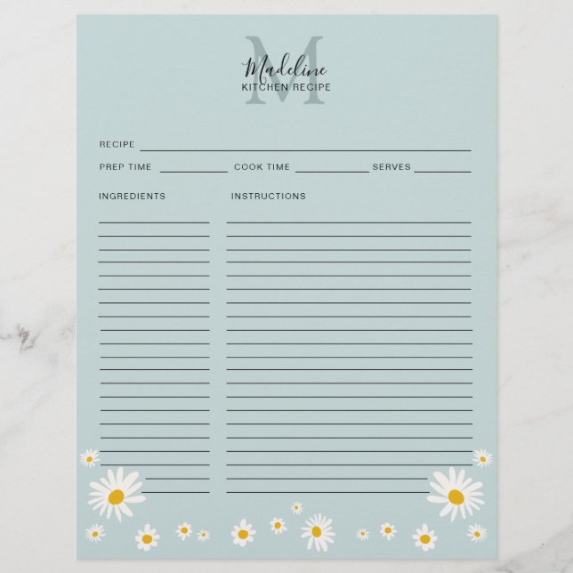 Carte de recette à monogramme en script sarcelle m (Devant)