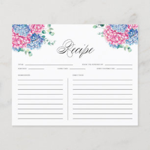Carte de recette Aquarelle bleu et rose Hydrangeas