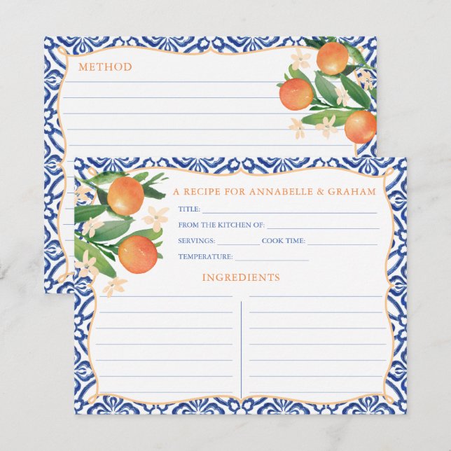 Carte de recette aux oranges aquarelles et carreau (Devant / Derrière)