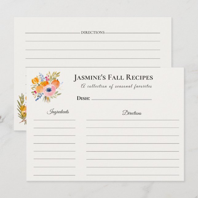 Carte de recette d'automne – Cuisine aquarelle  (Devant / Derrière)