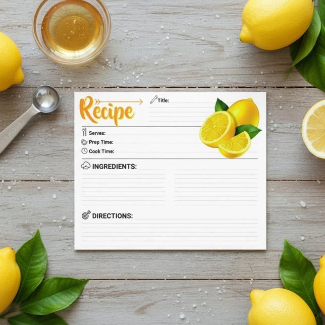 Carte de recette de citron moderne vierge recto-ve (printable recipe card template)