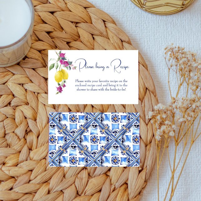 Carte de recette de citrons italiens bougainvillea (Vintage Italian maiolica blue tiles lemons bougainvillea citrus bridal shower recipe request card)