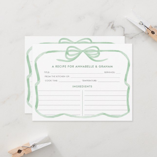 Carte de recette de douche de mariage à ruban vert (Devant/Arrière en situation)