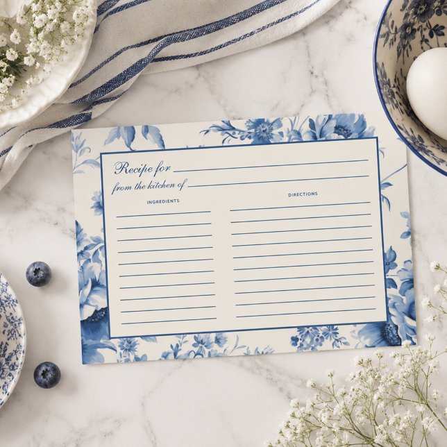 Carte de recette de douche de mariage en toile de  (Blue Floral French Toile Bridal Shower Recipe Card)