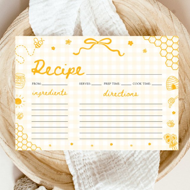 Carte de recette de douche de mariée abeille miel  (Yellow Gingham Honey Bee Bridal Shower Recipe Card)