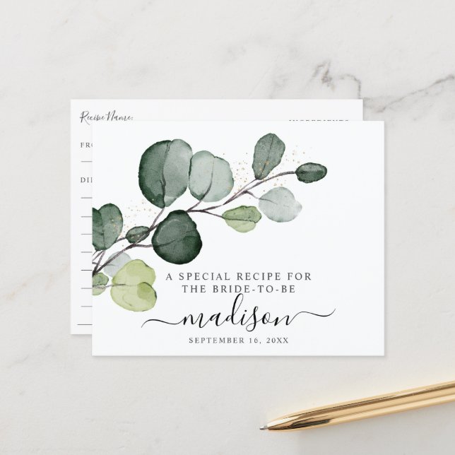 Carte de recette de douche de mariée Eucalyptus Go (Devant/Arrière en situation)