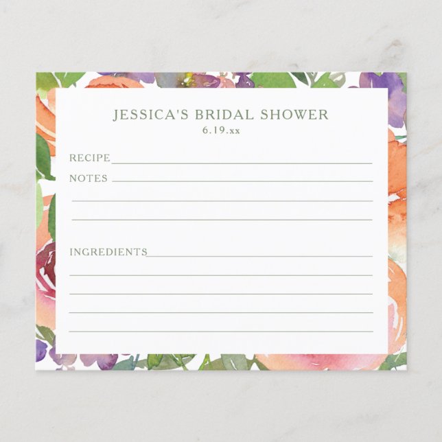 Carte de recette de douche de mariée florale orang (Devant)