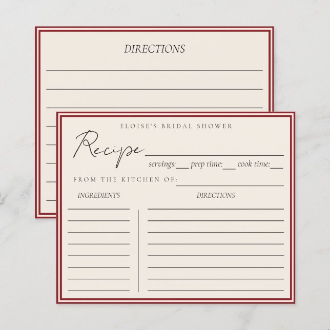 Carte de recette de douche de mariée rouge italian (Devant / Derrière)