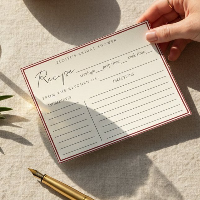 Carte de recette de douche de mariée rouge italian (*AI Generated Mockup Of Minimalist Italian Red Bridal Shower Recipe Card)
