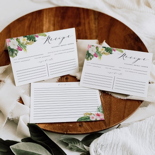 Carte de recette de douche Fleurs Tropicales Aquar (Customizable tropical bridal shower recipe card featuring watercolor hibiscus, flowers and greenery.)