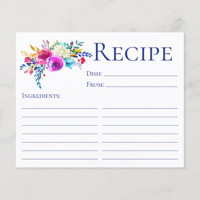 Carte de recette de douche florale bleue élégante (Devant)