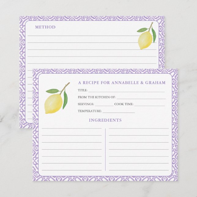 Carte de recette de douche nuptiale au texte viole (Devant / Derrière)