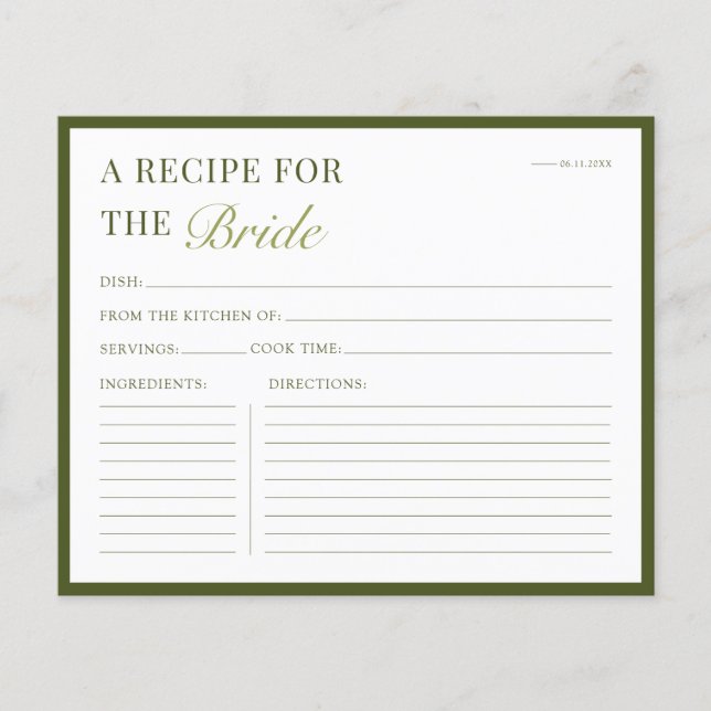 Carte de recette de douche nuptiale Moderne Vert f (Devant)